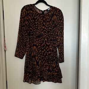 DKNY Black and Brown Animal-Print Long-Sleeve Dress